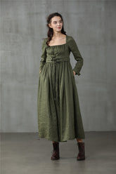 Army Green Linen Dress with Vest and Side Pockets — dress with Vest